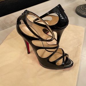 Pre-Loved Christian Louboutin Black Patent Soustelussimo Strappy Heel Size 40